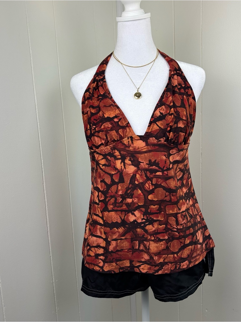 Bisou Bisou Halter Camisole in Burnt Orange and Black Abstract Print